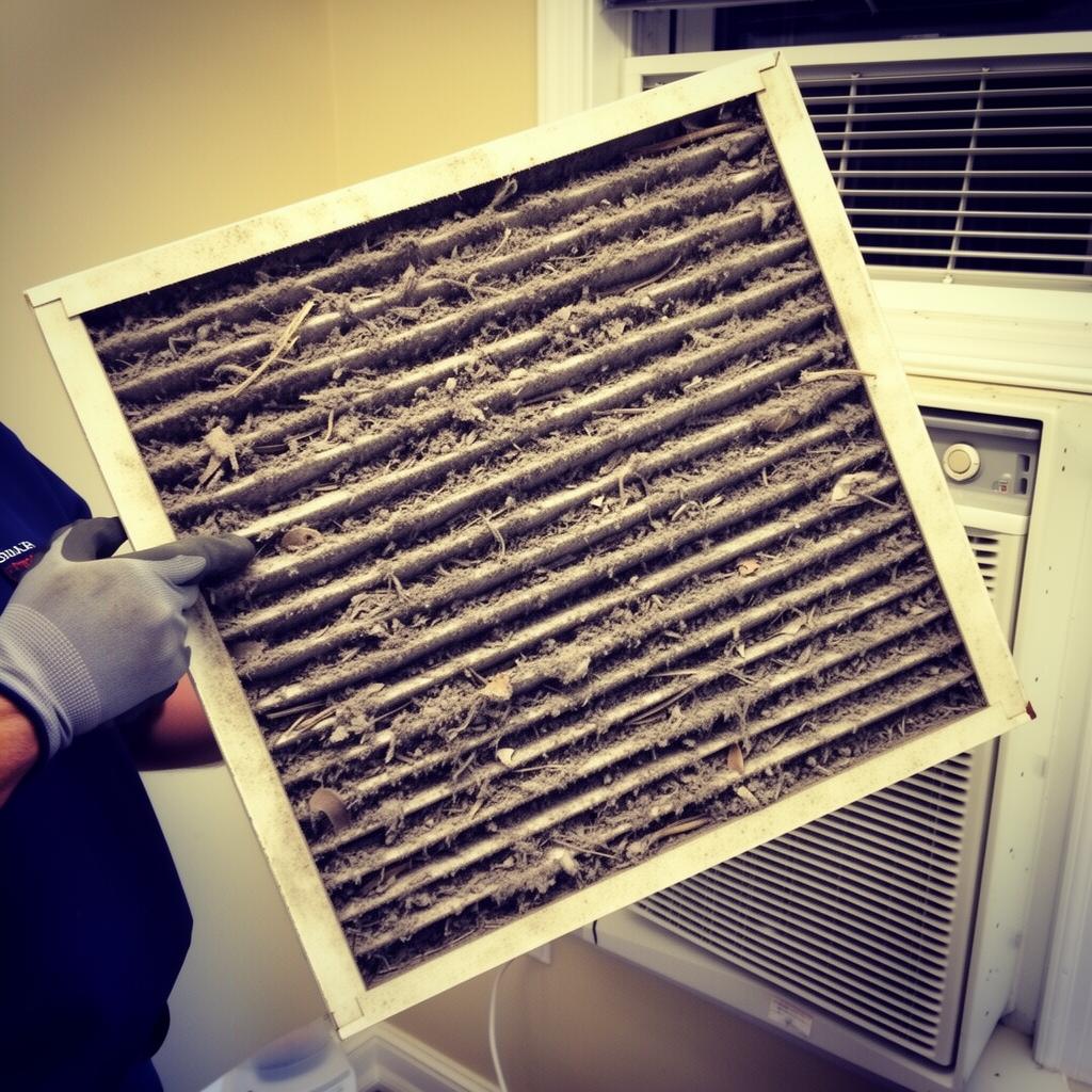 Clogged dirty air filter pulled from a home AC system