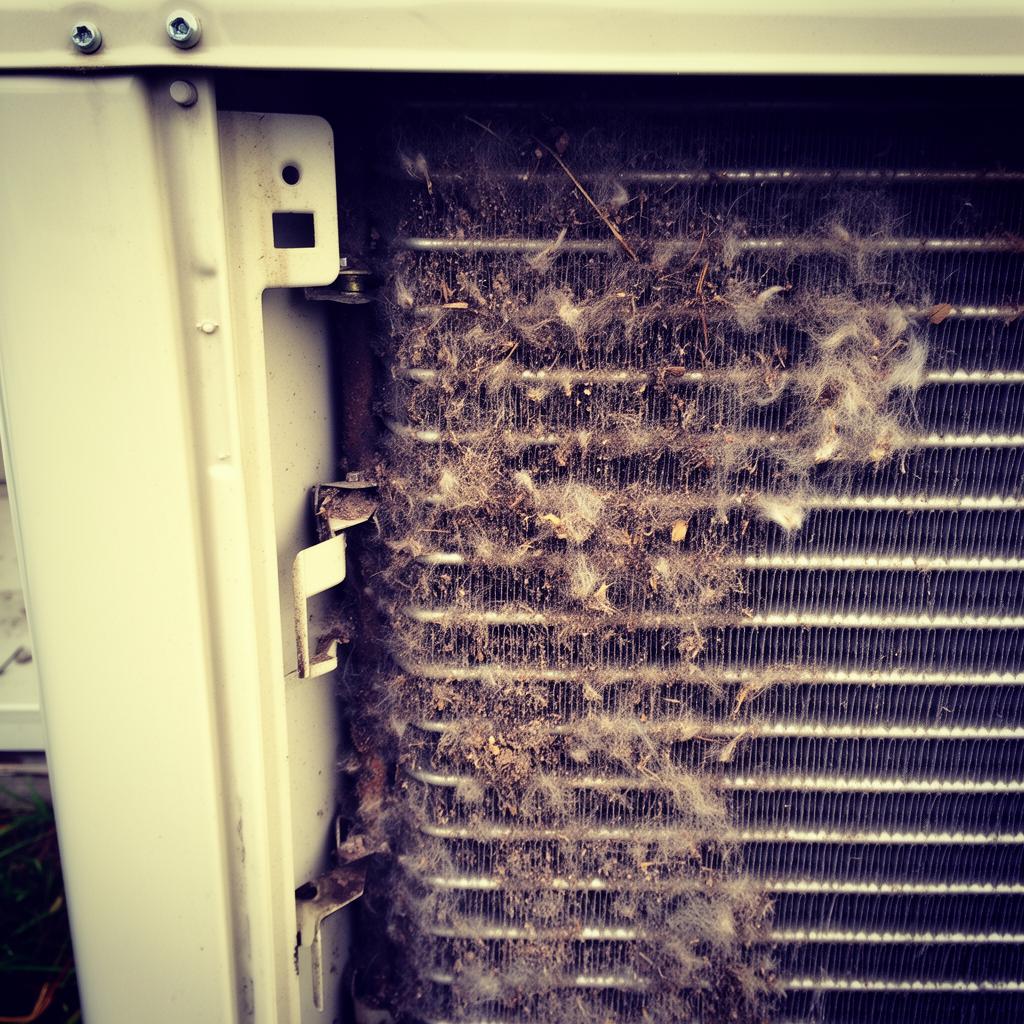 Dirty AC condenser coil packed with dust and debris