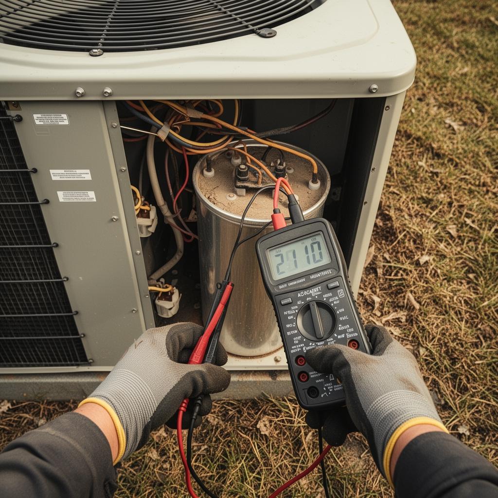 Technician testing an AC capacitor with a multimeter on a service call